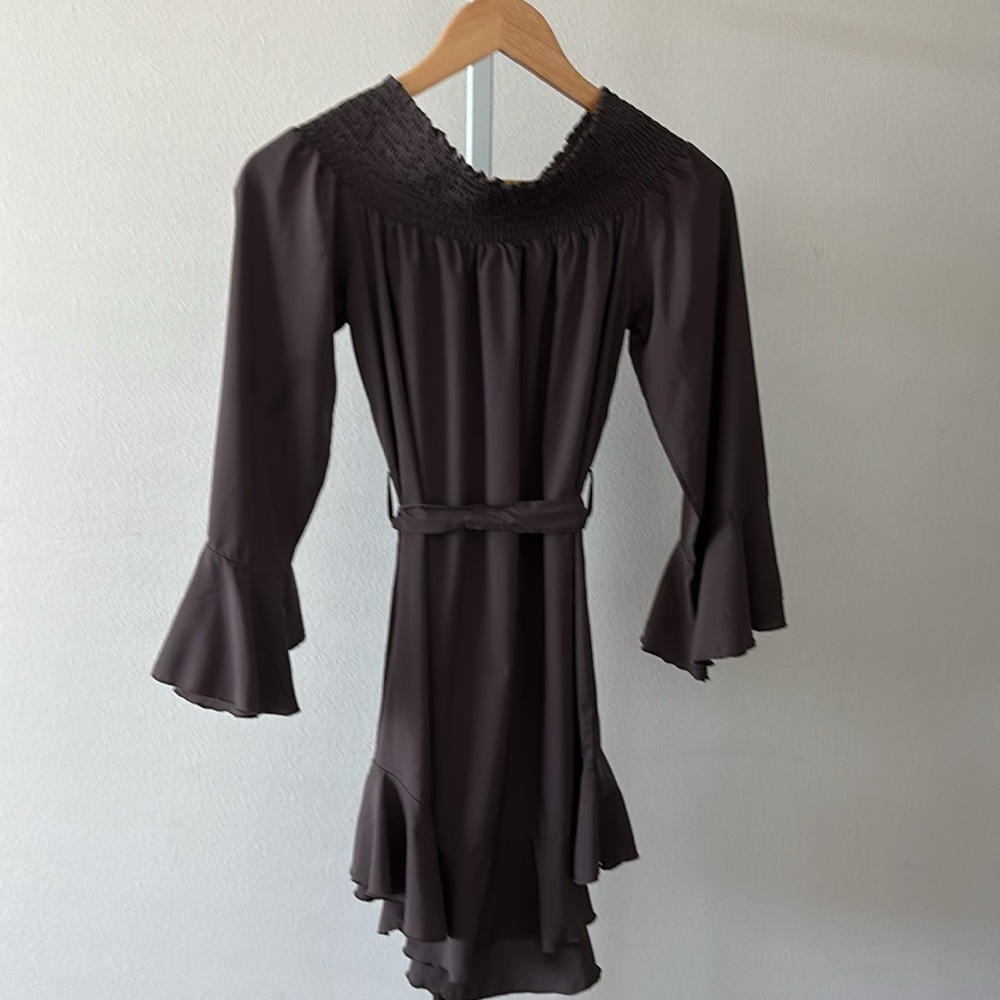 CBR Dress L Brown Off Shoulder Ruffle Bell Sleeve Romantic Dark Fairy Whimsigoth - Picture 10 of 15